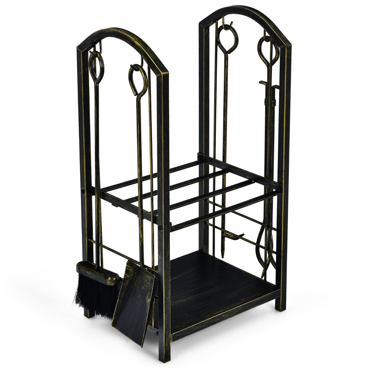 Firewood Rack with 4 Fireplace Tools for Indoor Outdoor or Backyard Garden Use-Bronze