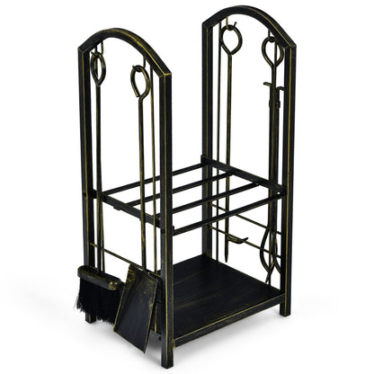 Firewood Rack with 4 Fireplace Tools for Indoor Outdoor or Backyard Garden Use-Bronze