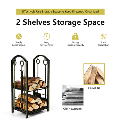 Firewood Rack with 4 Fireplace Tools for Indoor Outdoor or Backyard Garden Use-Bronze