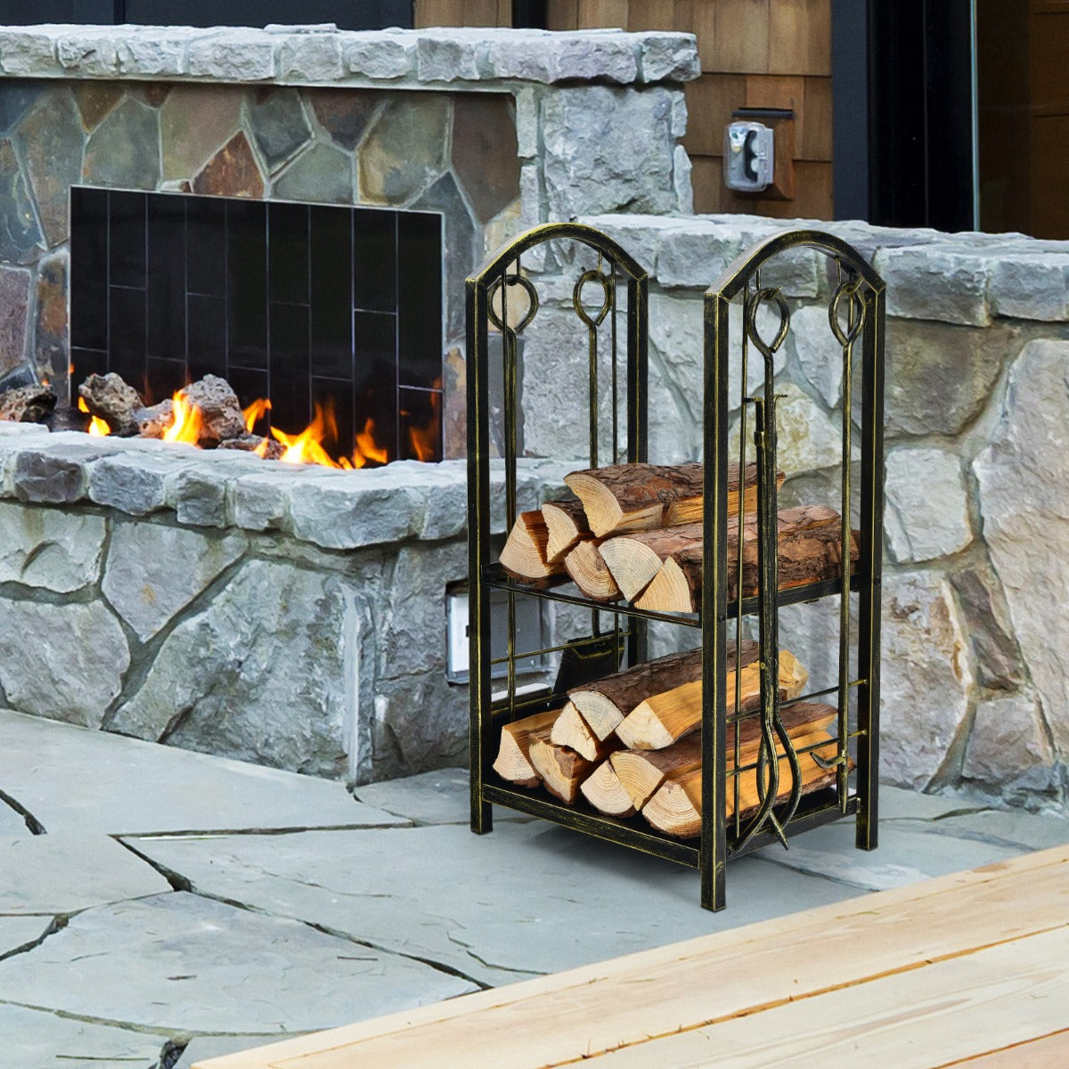 Firewood Rack with 4 Fireplace Tools for Indoor Outdoor or Backyard Garden Use-Bronze
