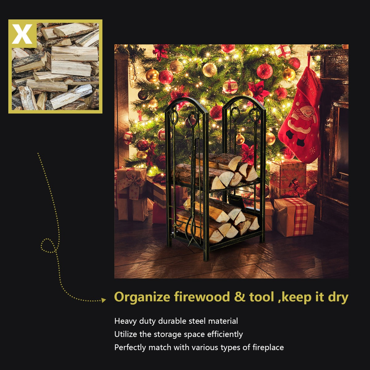 Firewood Rack with 4 Fireplace Tools for Indoor Outdoor or Backyard Garden Use-Bronze