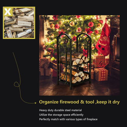 Firewood Rack with 4 Fireplace Tools for Indoor Outdoor or Backyard Garden Use-Bronze