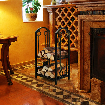 Firewood Rack with 4 Fireplace Tools for Indoor Outdoor or Backyard Garden Use-Bronze