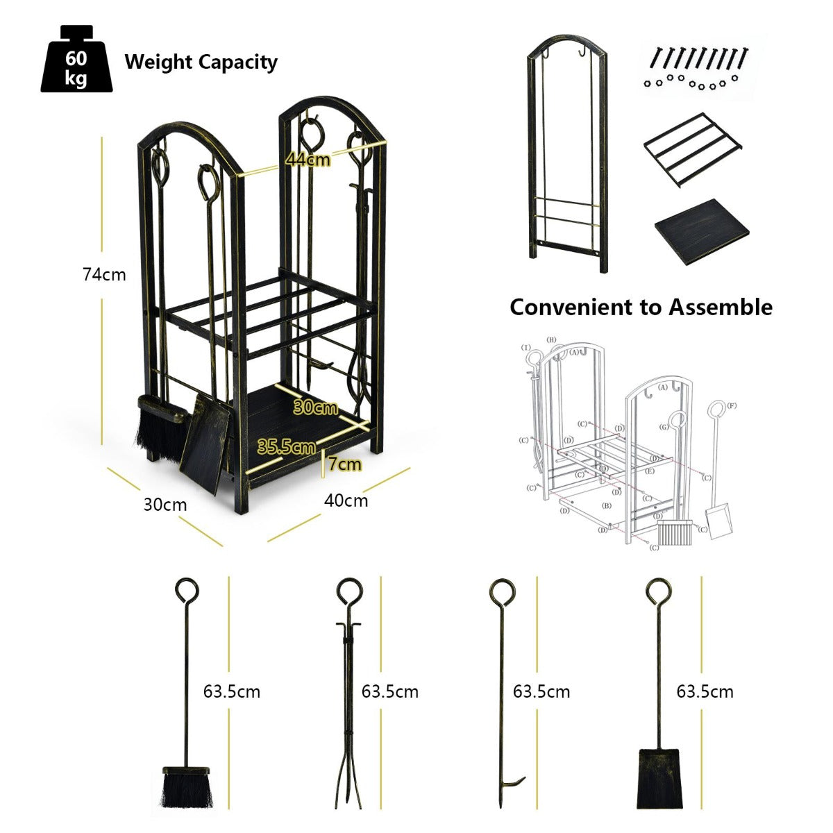 Firewood Rack with 4 Fireplace Tools for Indoor Outdoor or Backyard Garden Use-Bronze