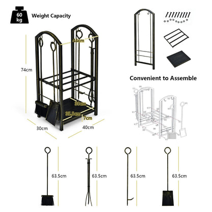 Firewood Rack with 4 Fireplace Tools for Indoor Outdoor or Backyard Garden Use-Bronze