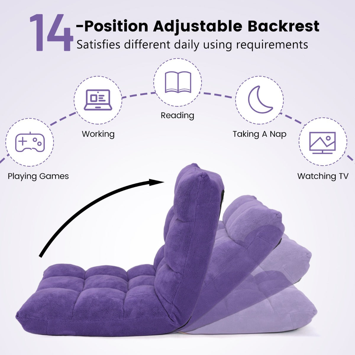 Floor Chair with Back Support with 14-Position Adjustable Back and Thick Sponge Padding-Purple