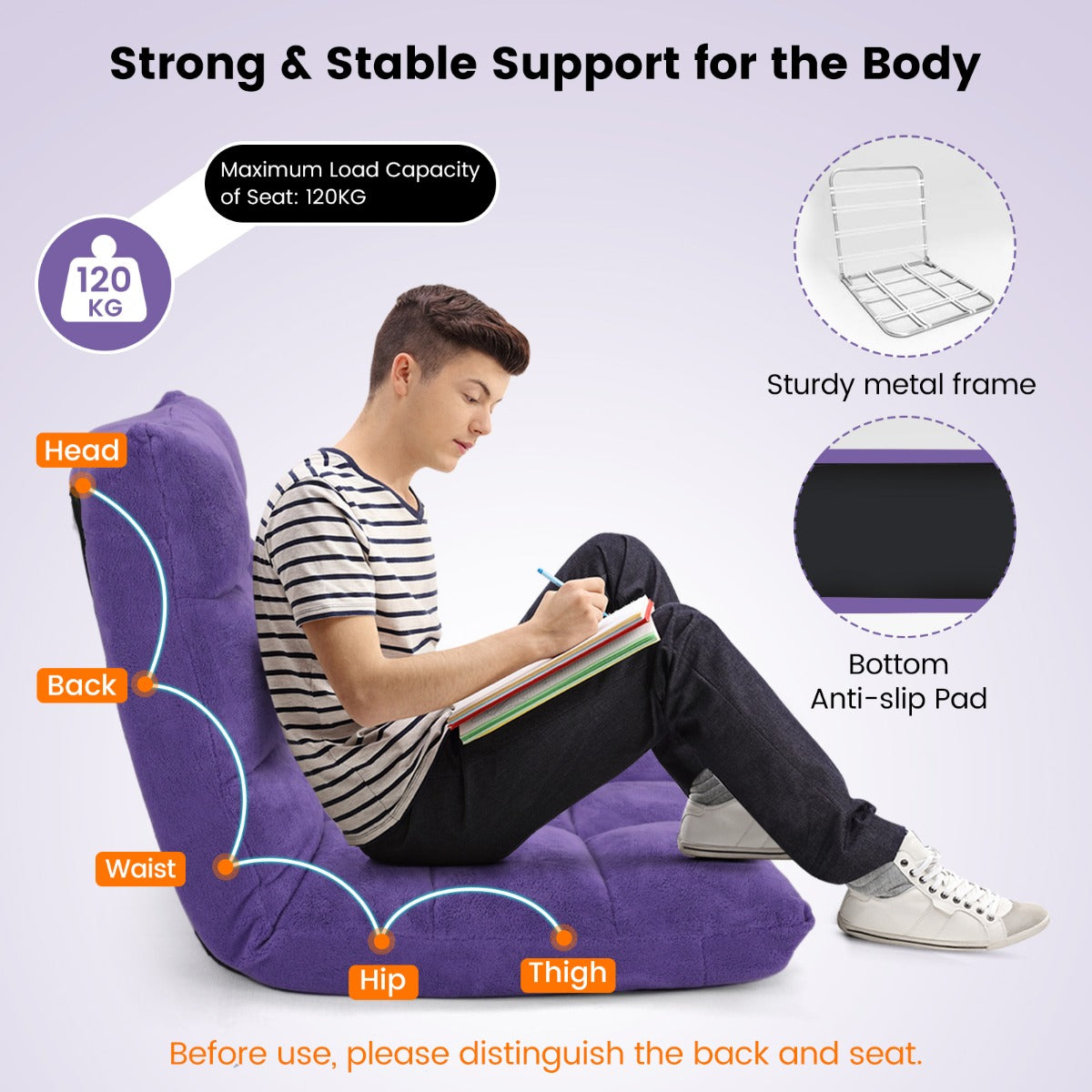 Floor Chair with Back Support with 14-Position Adjustable Back and Thick Sponge Padding-Purple