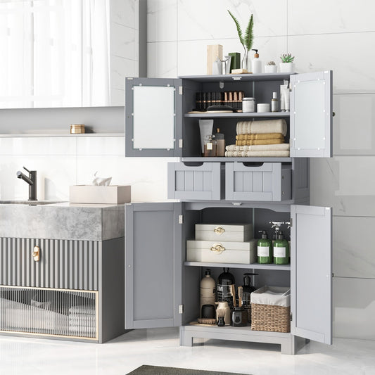 Floor Storage Cabinet with Glass Doors Drawers and Adjustable Shelves-Grey