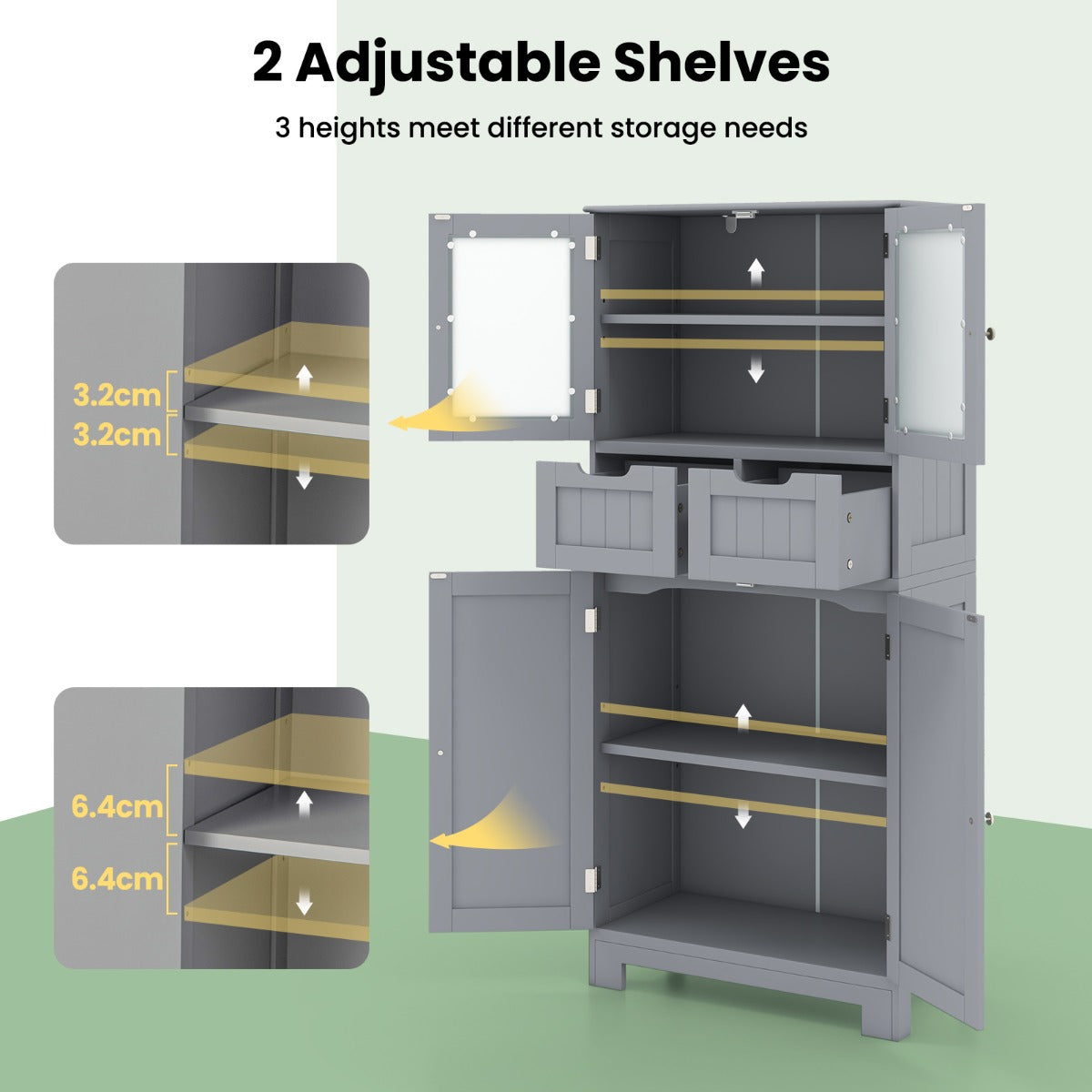 Floor Storage Cabinet with Glass Doors Drawers and Adjustable Shelves-Grey