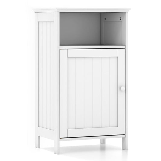 Modern bathroom floor cabinet with spacious top, open shelf, and enclosed single-door storage