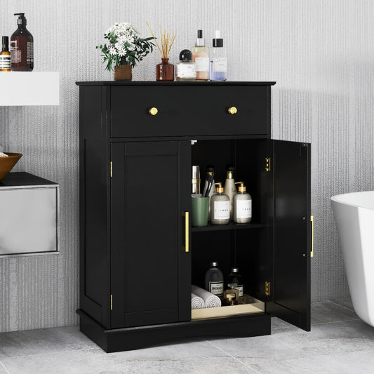 Floor Storage Cabinet with Drawer and Adjustable Shelf-Black