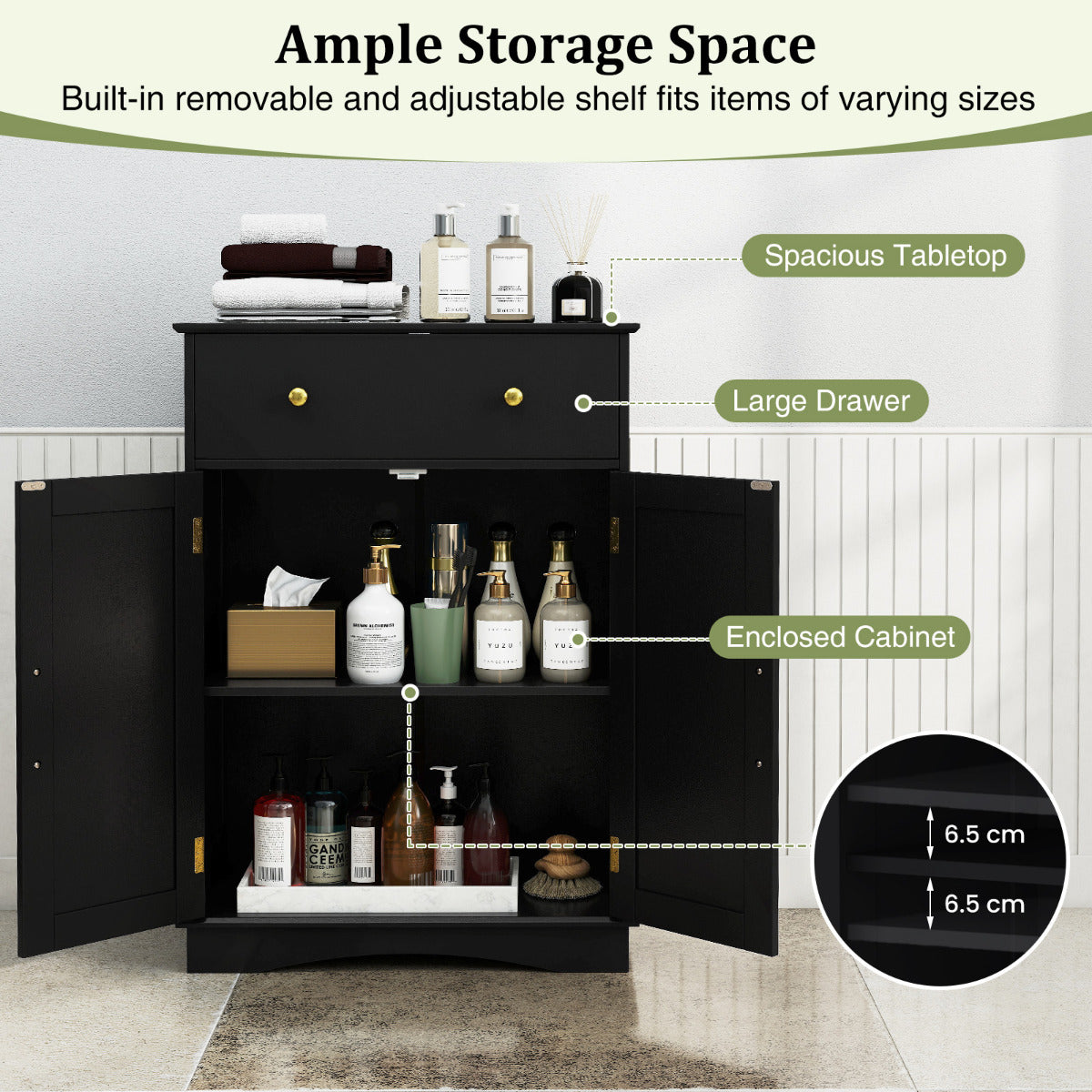 Floor Storage Cabinet with Drawer and Adjustable Shelf-Black