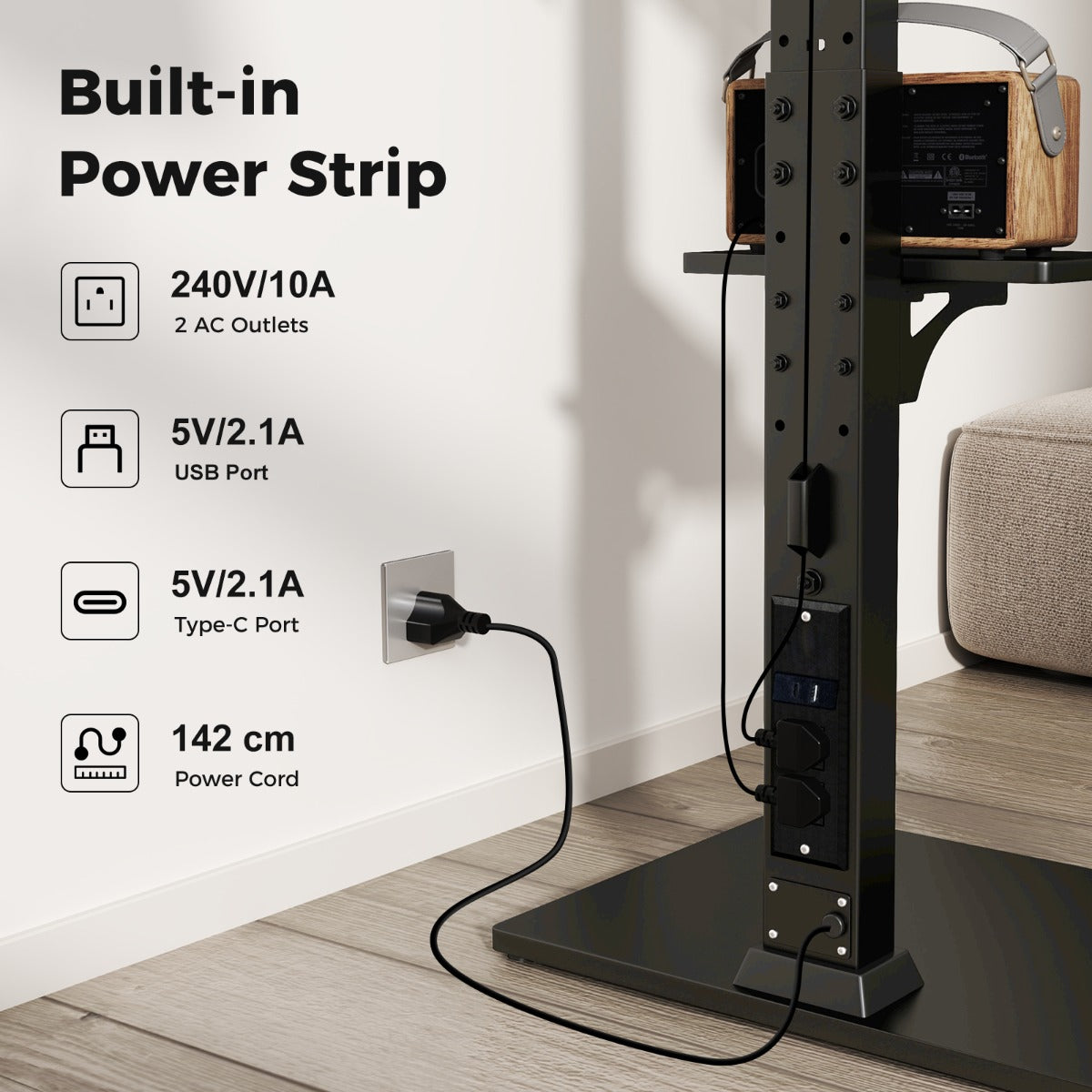 Floor TV Stand with Power Outlet with Adjustable AV Shelf