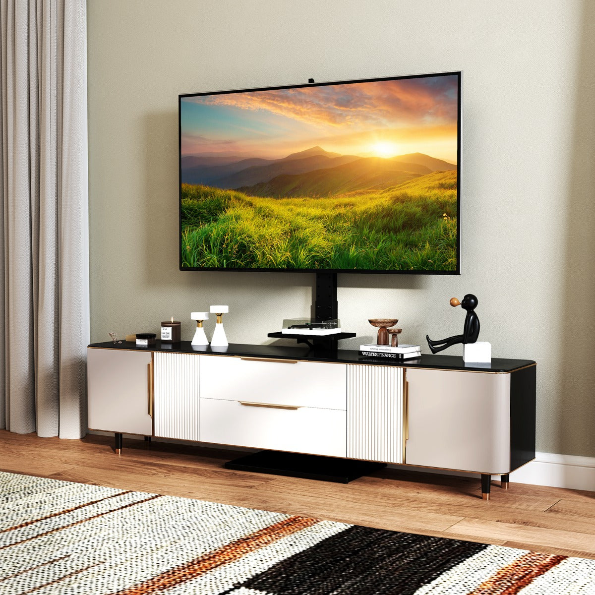 Floor TV Stand with Power Outlet with Adjustable AV Shelf
