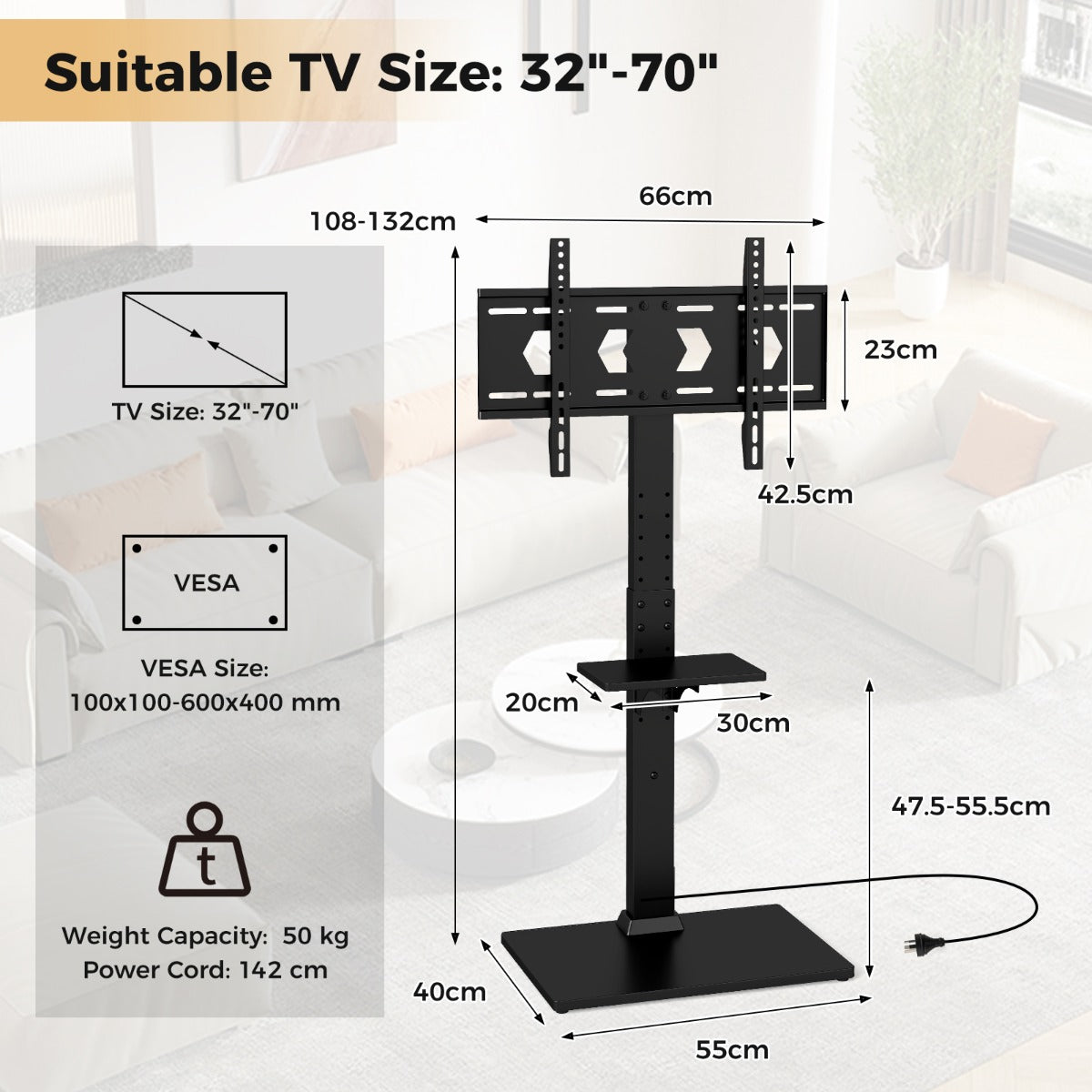 Floor TV Stand with Power Outlet with Adjustable AV Shelf