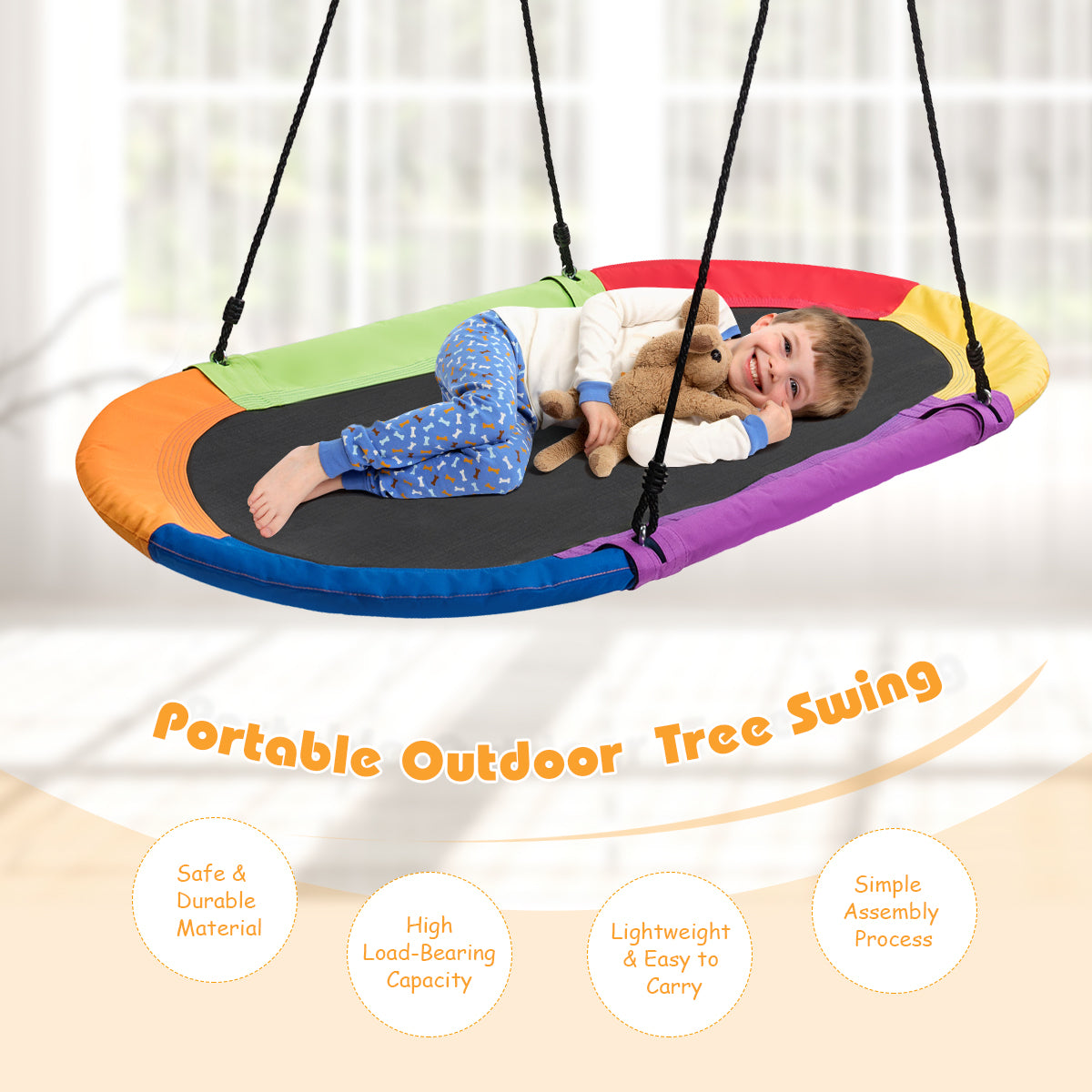 Flying Oval Tree Swing Set with Adjustable Hanging Ropes for Outdoor Use-Multicolour