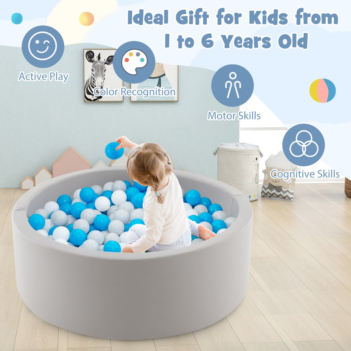Costway Foam Ball Pit Round Baby Playpen with 200 Ocean Balls and Storage Bag-White