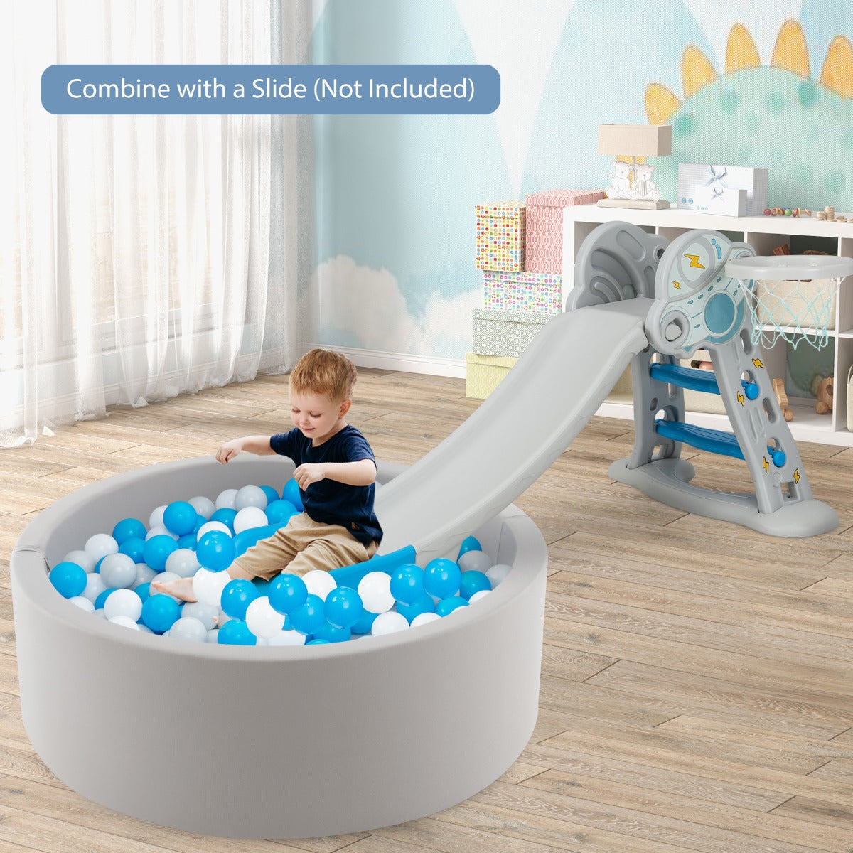 Costway Foam Ball Pit Round Baby Playpen with 200 Ocean Balls and Storage Bag-White