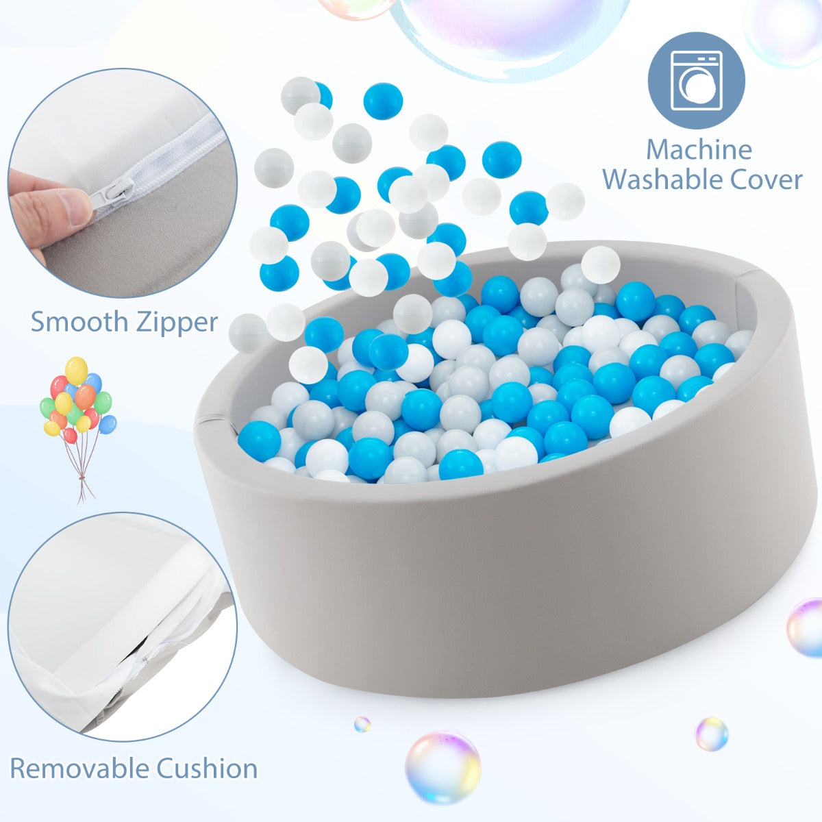 Costway Foam Ball Pit Round Baby Playpen with 200 Ocean Balls and Storage Bag-White