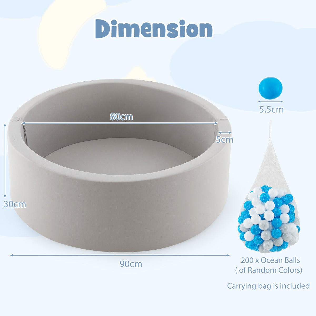 Costway Foam Ball Pit Round Baby Playpen with 200 Ocean Balls and Storage Bag-White