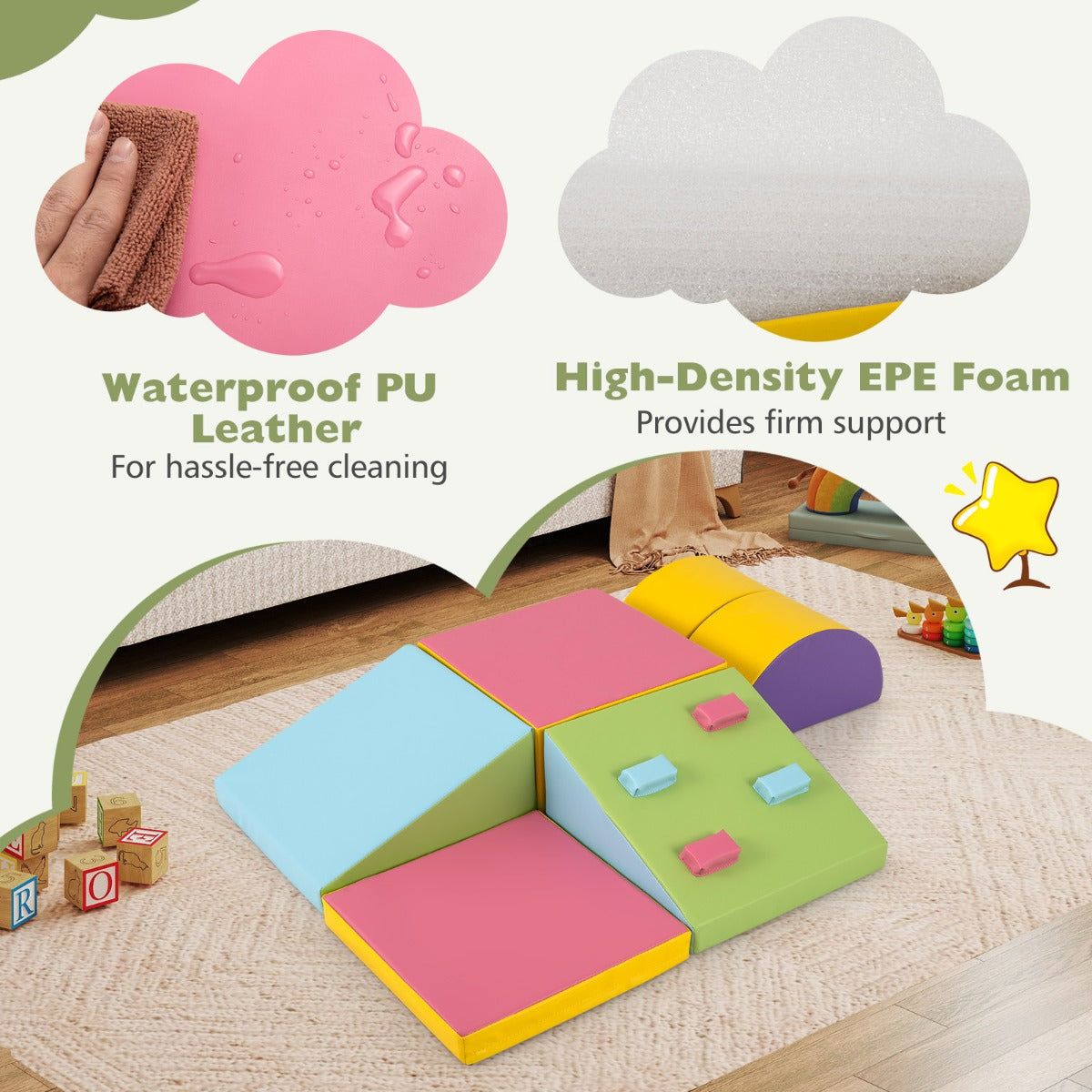 6-Piece Foam Climbing Blocks with Hook and Loop Fasteners-Multicolour
