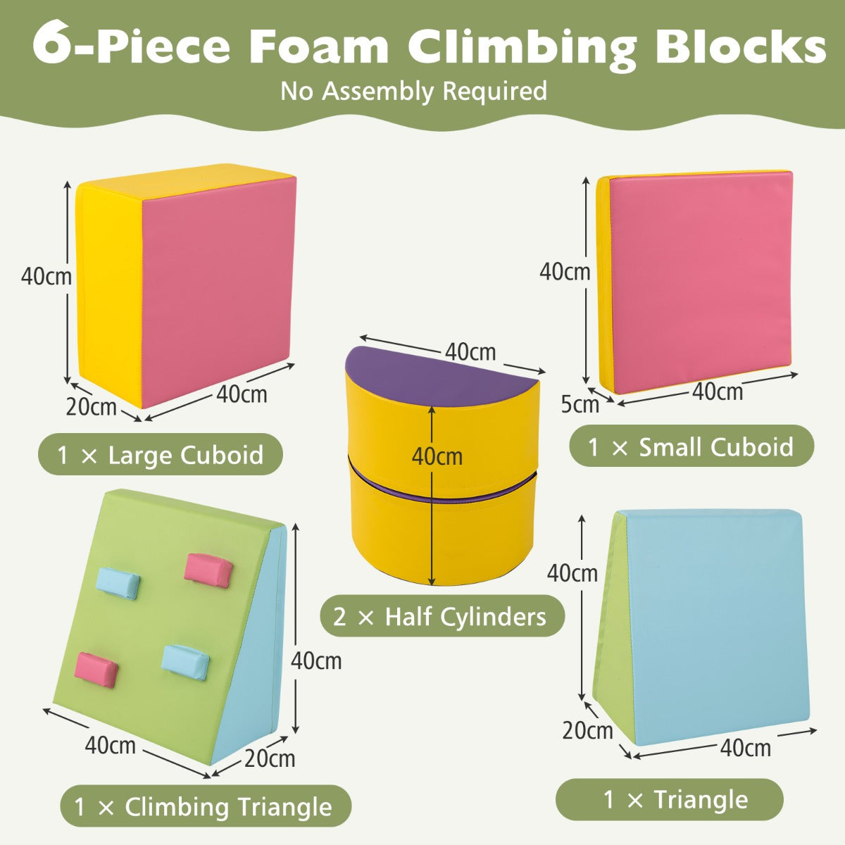 6-Piece Foam Climbing Blocks with Hook and Loop Fasteners-Multicolour