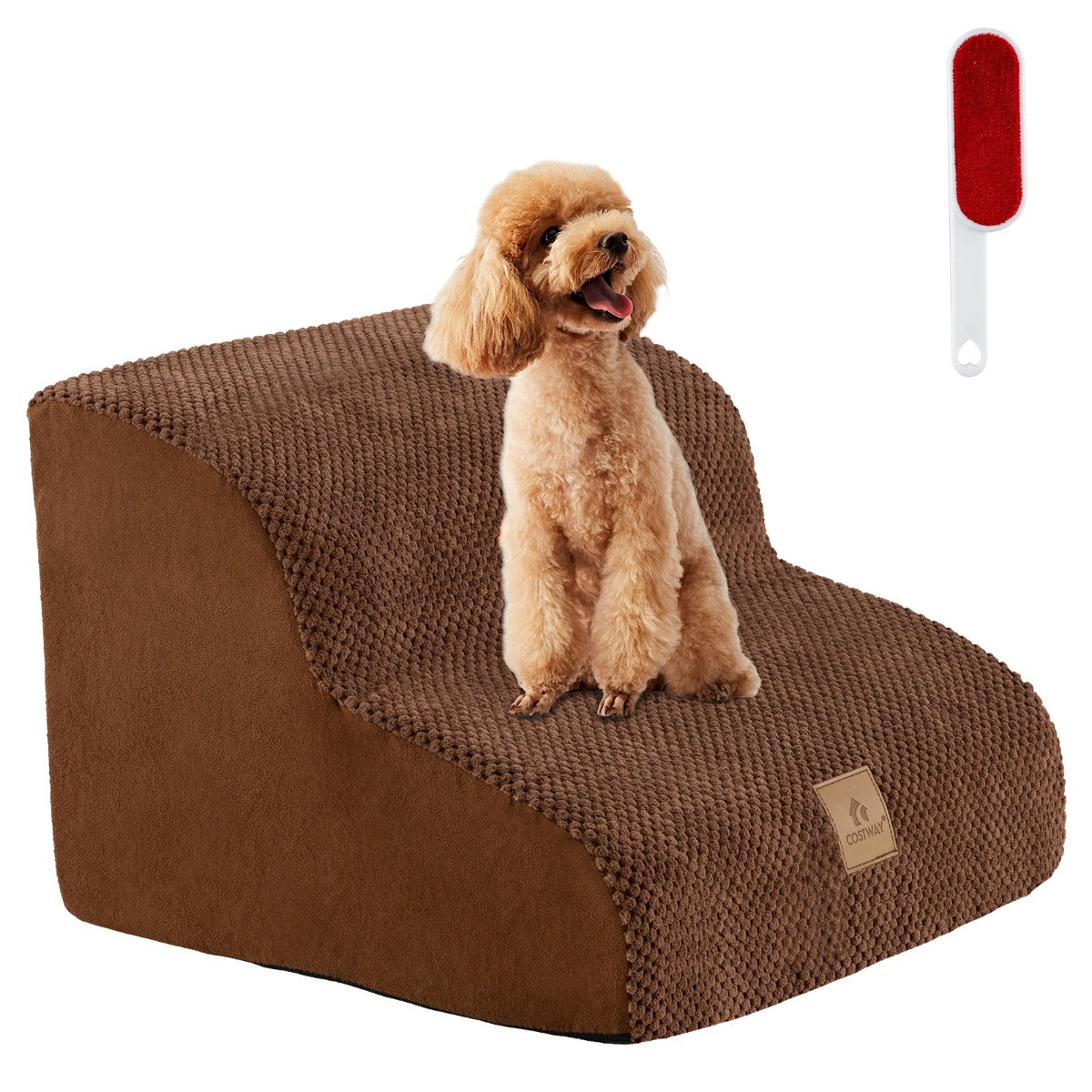 2-Tier High-Density Foam Dog Ramp Pet Stairs with Washable Cover-Coffee