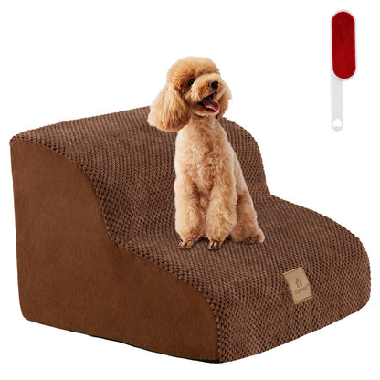 2-Tier High-Density Foam Dog Ramp Pet Stairs with Washable Cover-Coffee