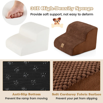 2-Tier High-Density Foam Dog Ramp Pet Stairs with Washable Cover-Coffee