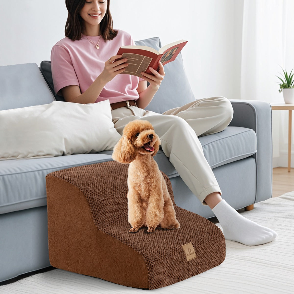 2-Tier High-Density Foam Dog Ramp Pet Stairs with Washable Cover-Coffee