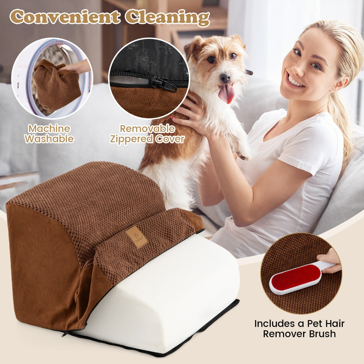 2-Tier High-Density Foam Dog Ramp Pet Stairs with Washable Cover-Coffee