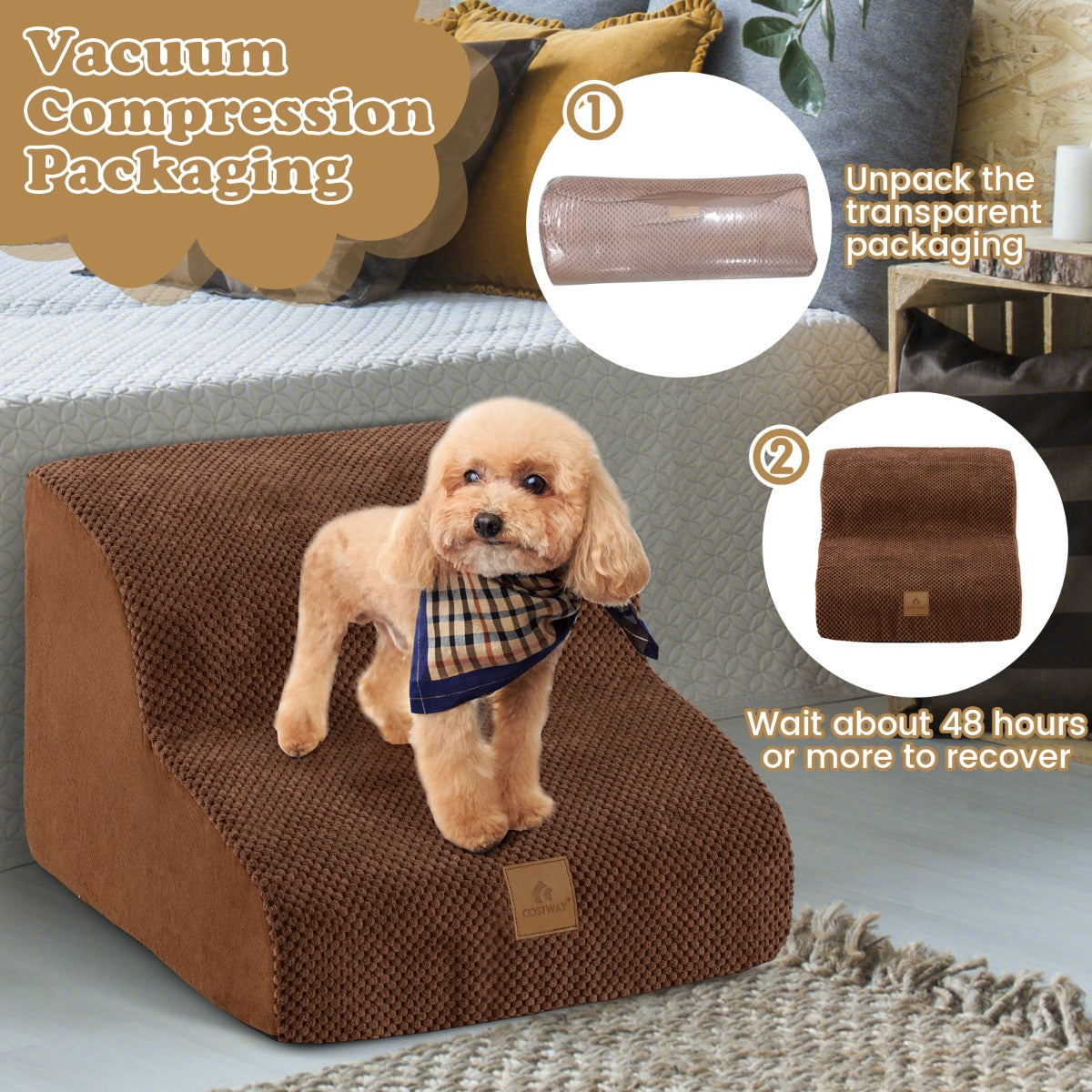 2-Tier High-Density Foam Dog Ramp Pet Stairs with Washable Cover-Coffee