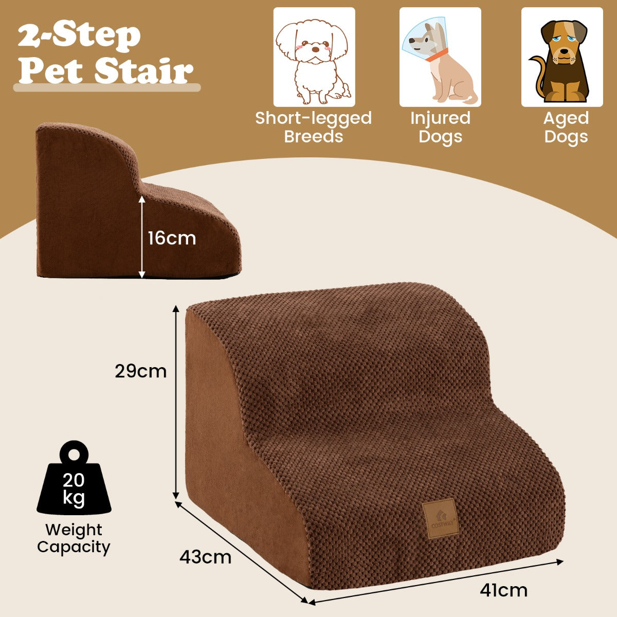 2-Tier High-Density Foam Dog Ramp Pet Stairs with Washable Cover-Coffee