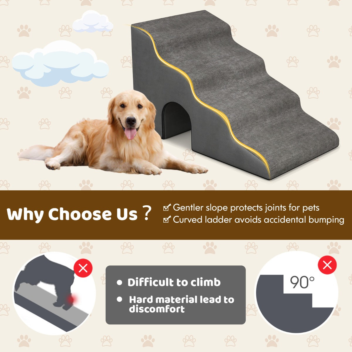 4-Tier High Density Foam Dog Ramps  for Old Dogs Injured Pets-Grey