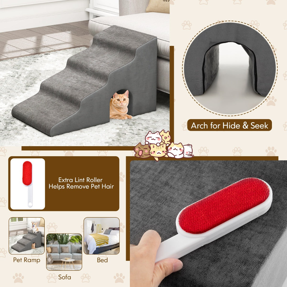 4-Tier High Density Foam Dog Ramps  for Old Dogs Injured Pets-Grey