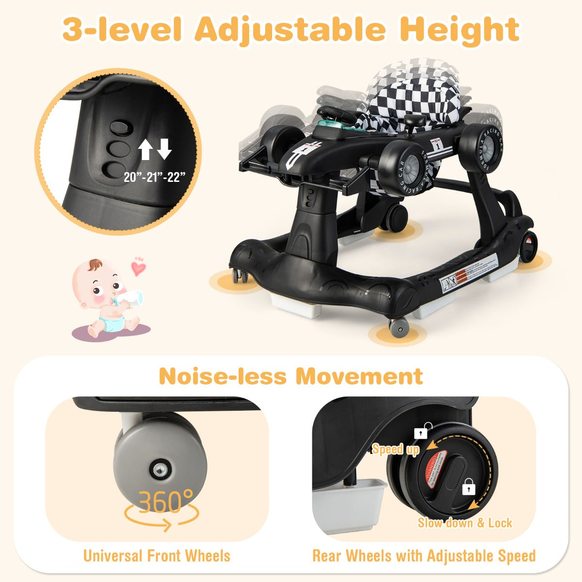 4-in-1 Foldable Activity Car Walker with Adjustable Height and Speed-Black