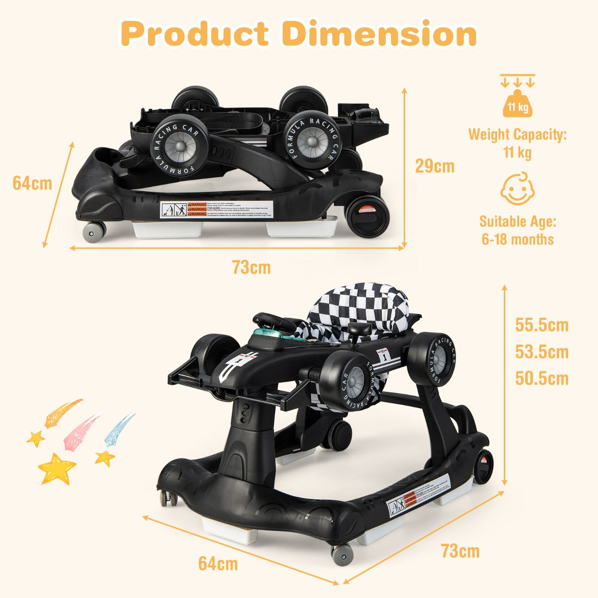 4-in-1 Foldable Activity Car Walker with Adjustable Height and Speed-Black