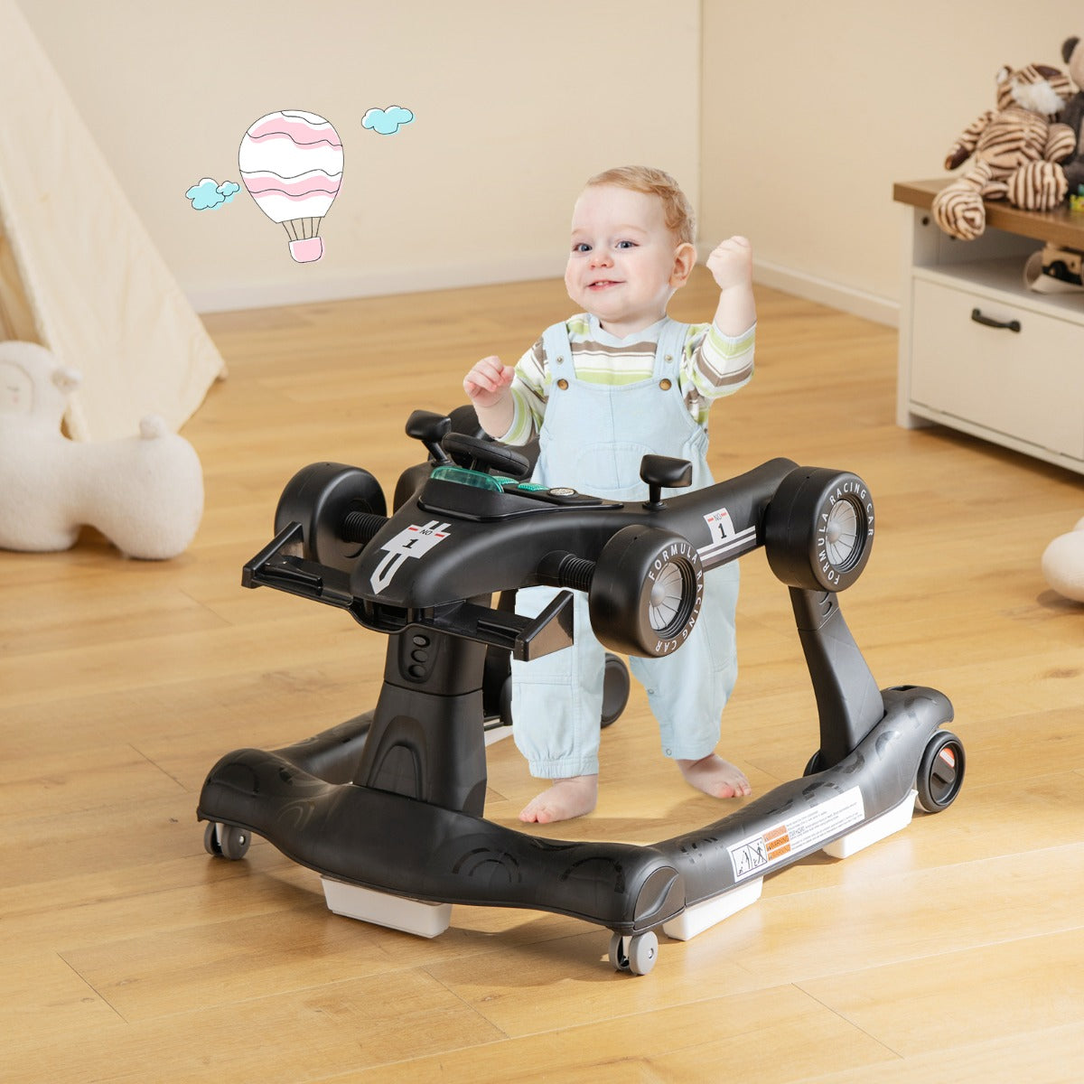4-in-1 Foldable Activity Car Walker with Adjustable Height and Speed-Black