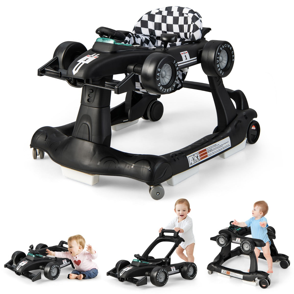 4-in-1 Foldable Activity Car Walker with Adjustable Height and Speed-Black
