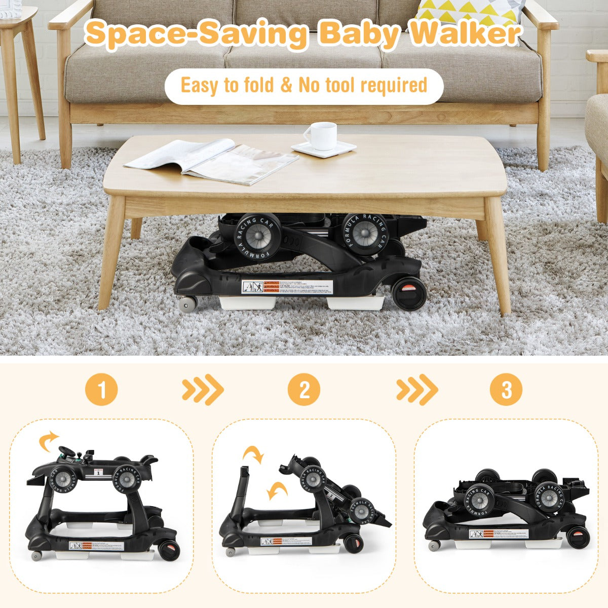 4-in-1 Foldable Activity Car Walker with Adjustable Height and Speed-Black