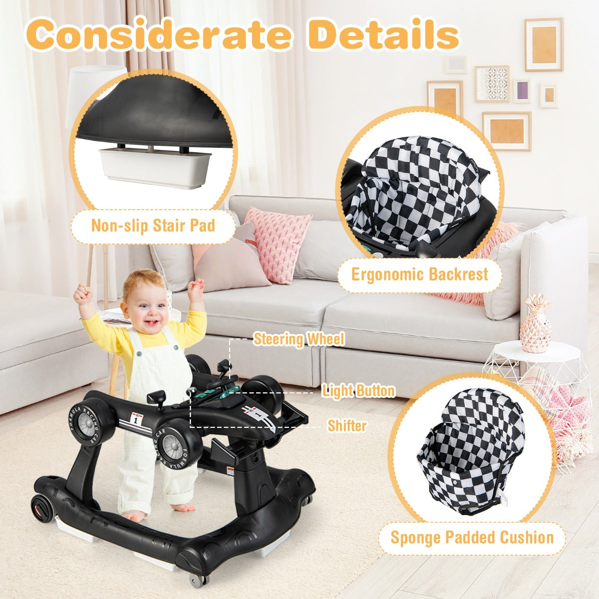 4-in-1 Foldable Activity Car Walker with Adjustable Height and Speed-Black