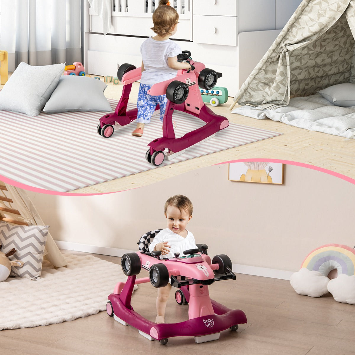 4-in-1 Foldable Activity Car Walker with Adjustable Height and Speed-Purple