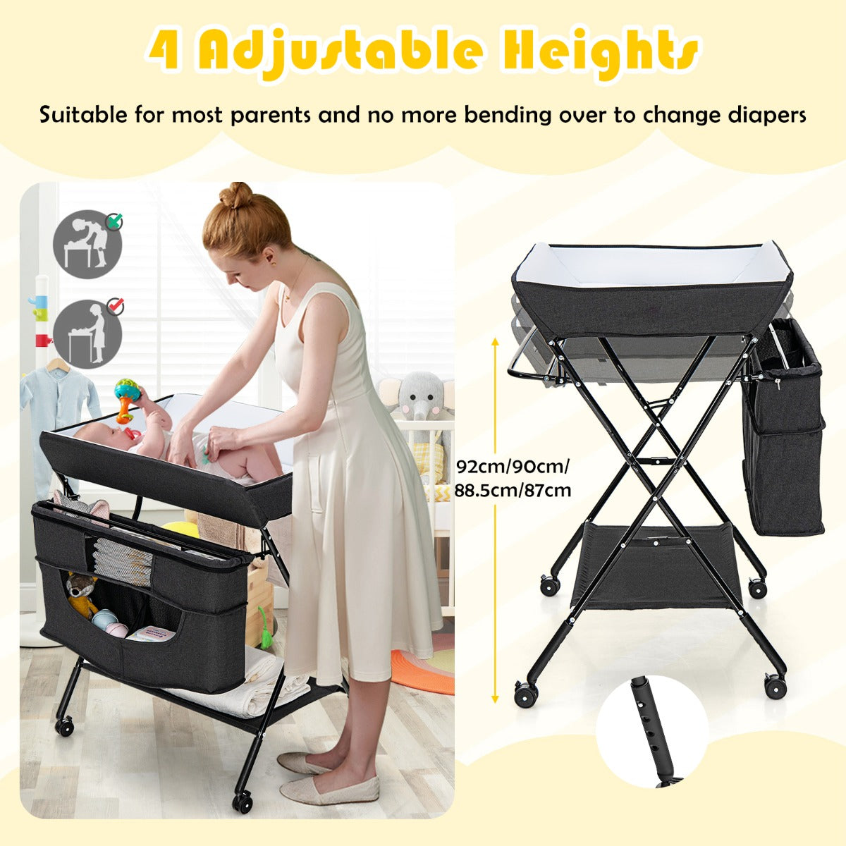 Foldable Baby Changing Table with 4 Adjustable Heights-Black