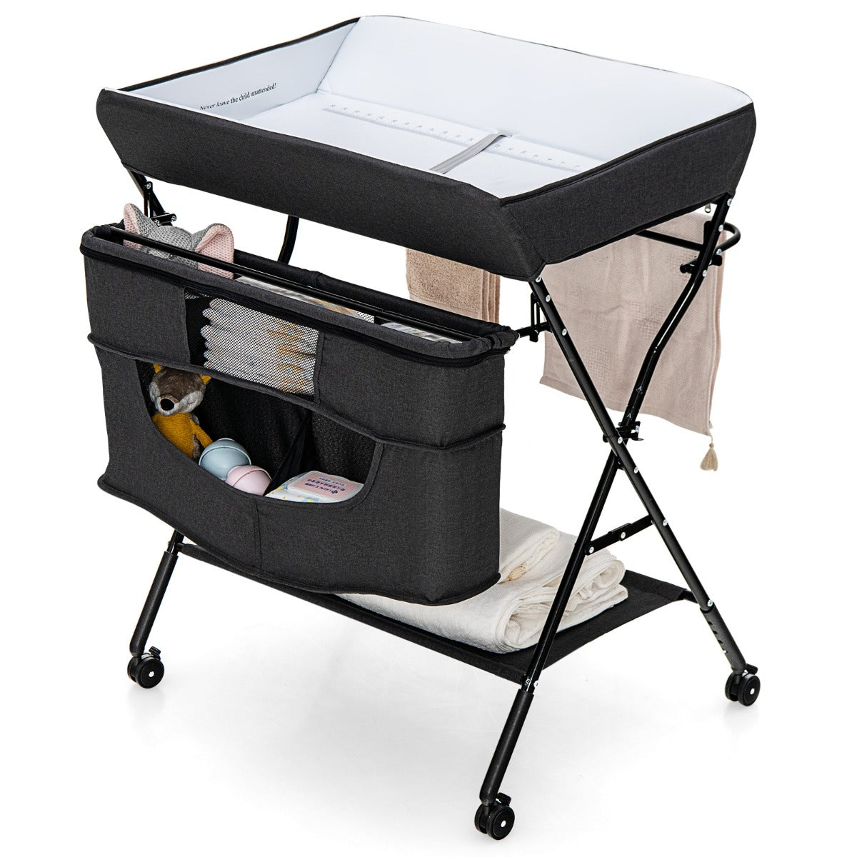 Foldable Baby Changing Table with 4 Adjustable Heights-Black