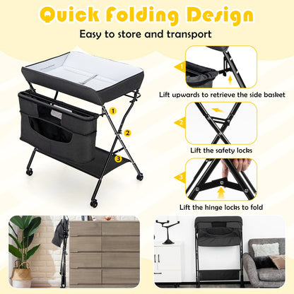 Foldable Baby Changing Table with 4 Adjustable Heights-Black