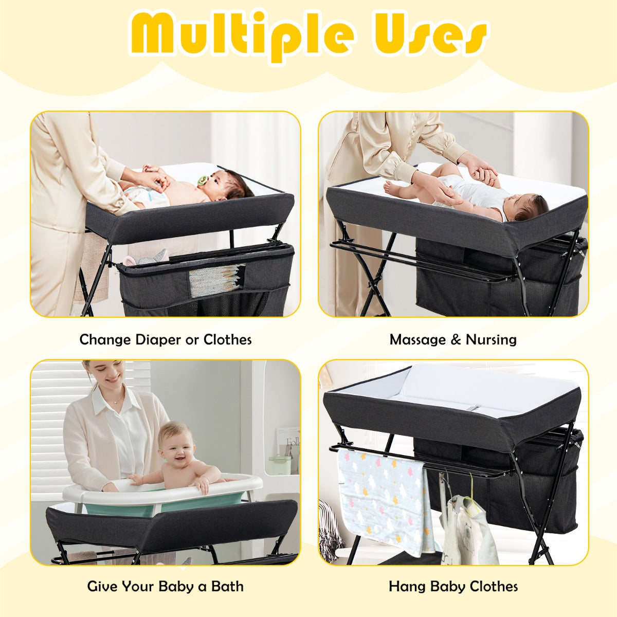 Foldable Baby Changing Table with 4 Adjustable Heights-Black