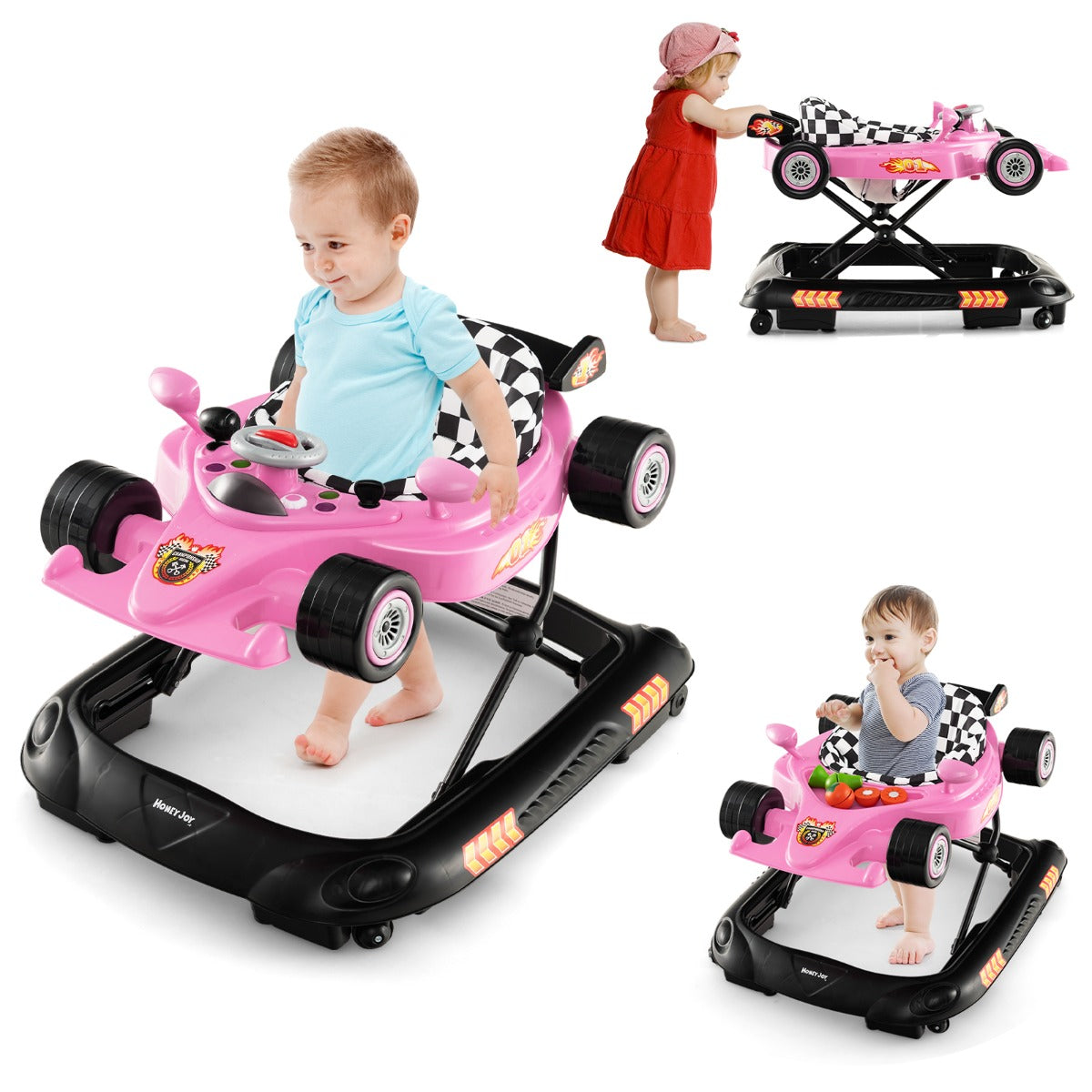 Foldable Baby Walker with 3 Adjustable Height Settings for 7-14 Months Boys Girls-Pink