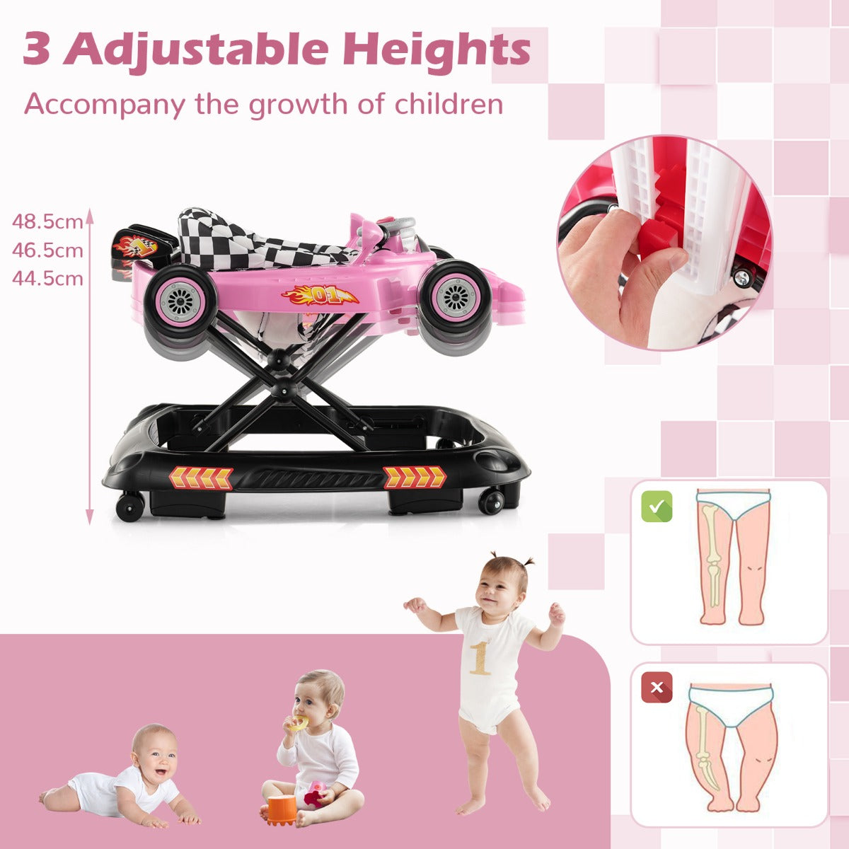 Foldable Baby Walker with 3 Adjustable Height Settings for 7-14 Months Boys Girls-Pink