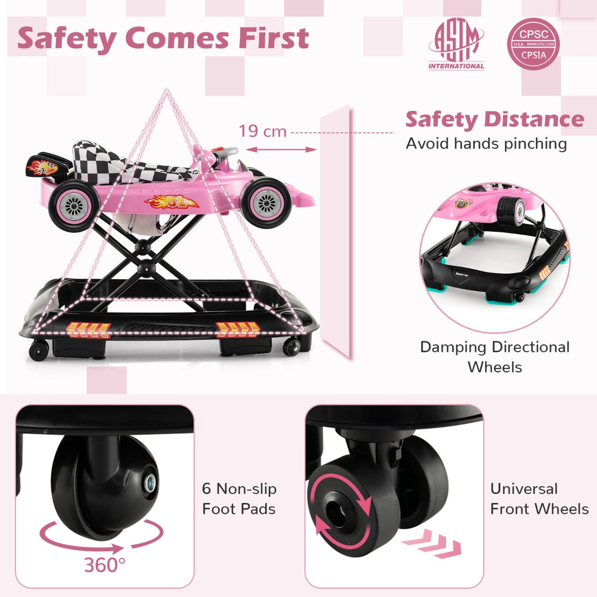 Foldable Baby Walker with 3 Adjustable Height Settings for 7-14 Months Boys Girls-Pink