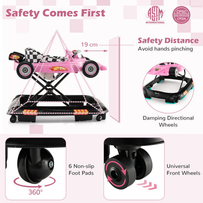Foldable Baby Walker with 3 Adjustable Height Settings for 7-14 Months Boys Girls-Pink